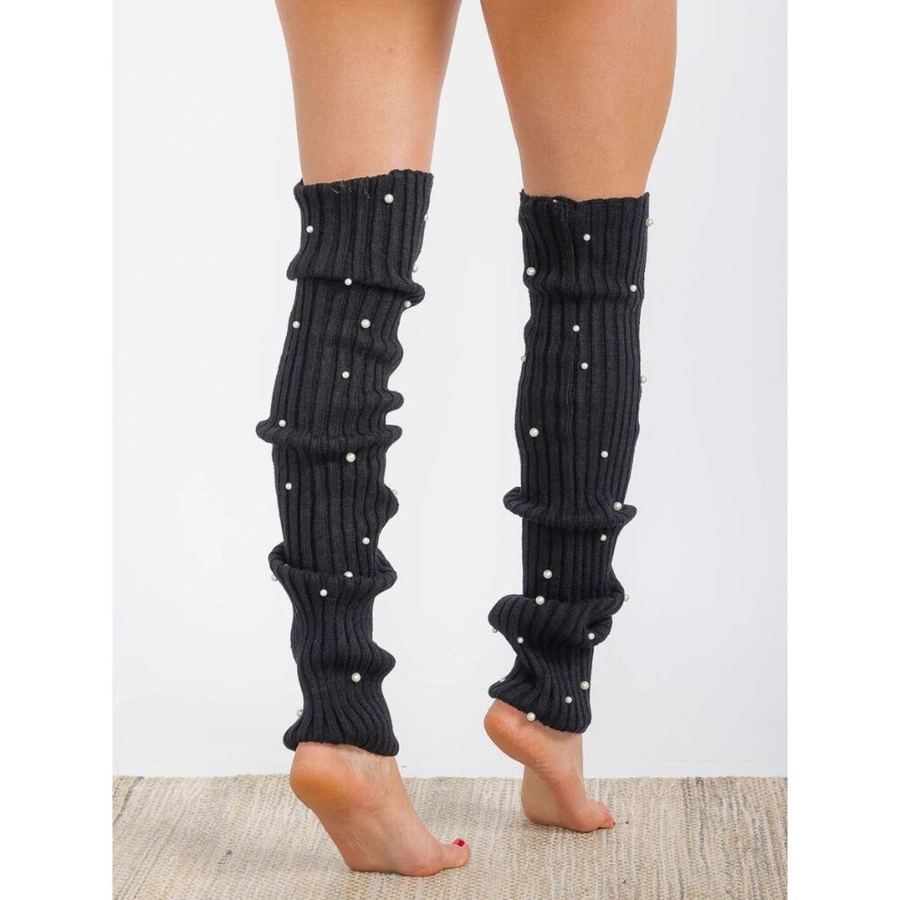 Black Ribbed Knit Leg Warmers w/ Pearl Detail Women’s One Size NWT - Picture 2 of 2